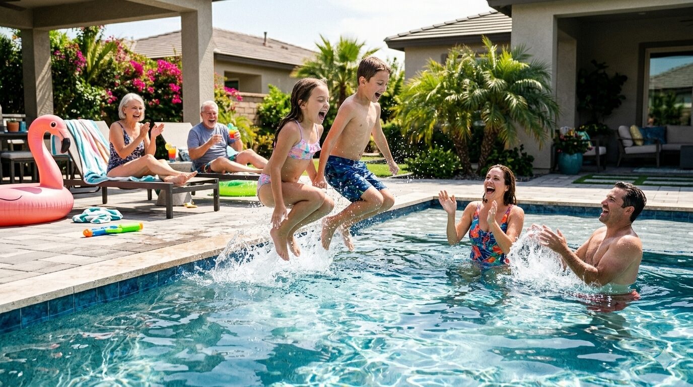 Swimmingpool Schweiz Familie am Swimmingpool hat Spass